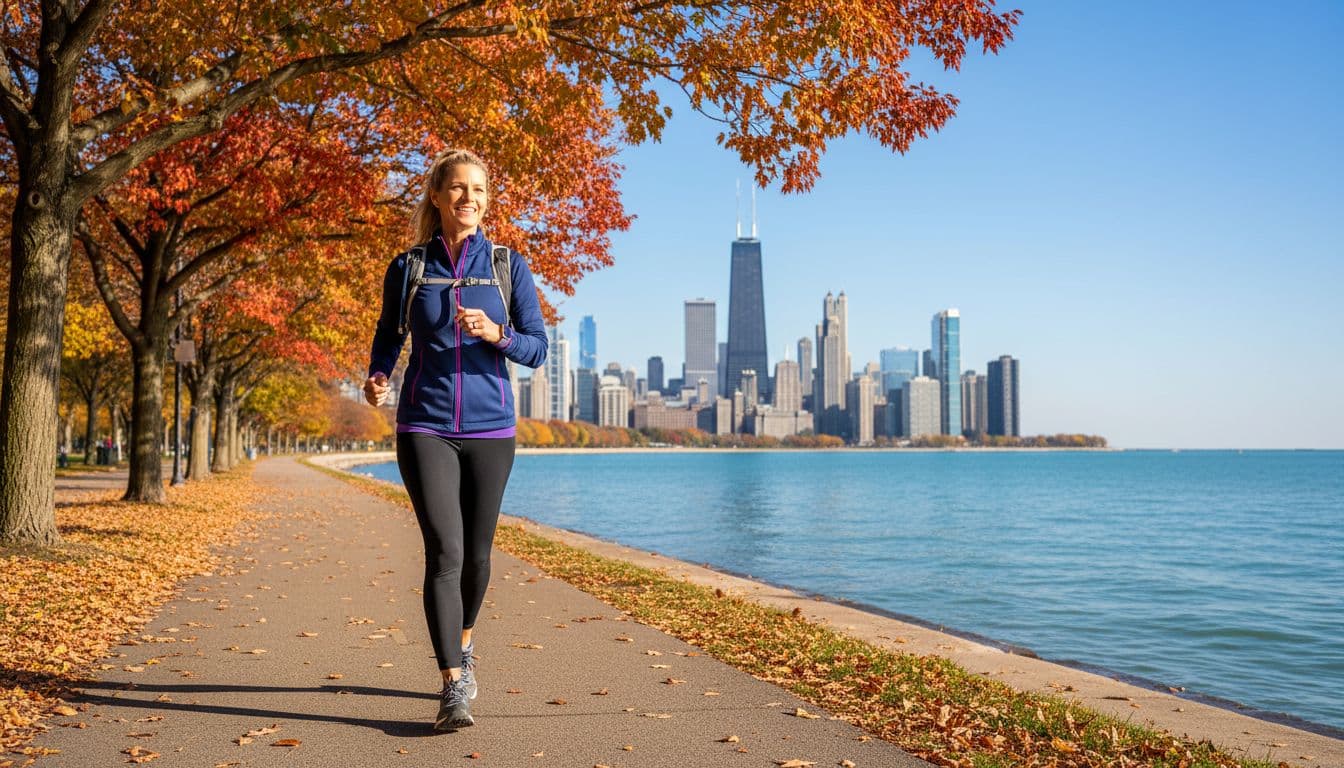 Middle-aged woman walking along the Chicago lakefront trail in autumn, looking energetic and confident.