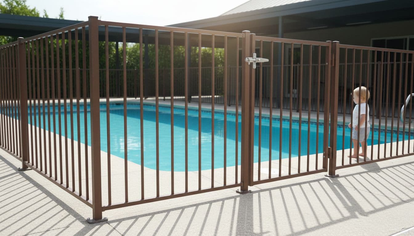 سياج أمان معدني للمسبح مع بوابة مغلقة وطفل يقف بأمان خارج السياج