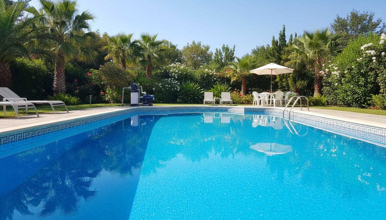 مسبح منزلي نظيف بمياه زرقاء صافية في حديقة خضراء