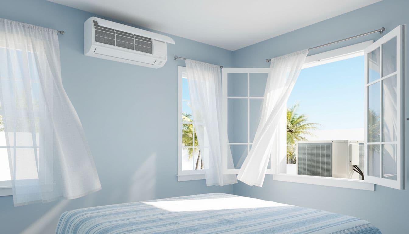 مكيّف هواء منزلي مع فلتر نظيف في غرفة نوم