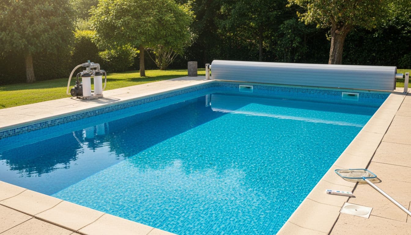 مسبح منزلي نظيف مع غطاء وأدوات فحص بسيطة