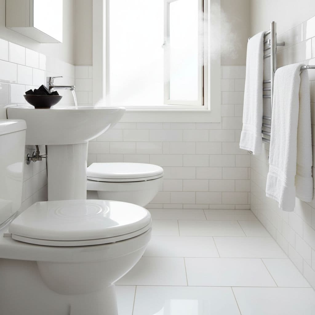 حمّام منزلي نظيف مع نافذة مفتوحة وفحم نشط