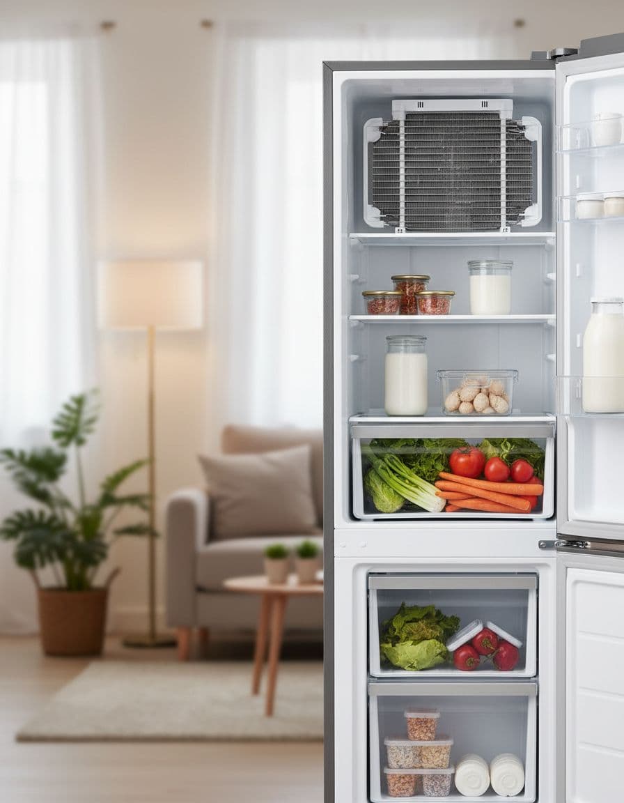 ثلاجة منزلية نظيفة ومرتّبة مع فريزر خالٍ من الثلج