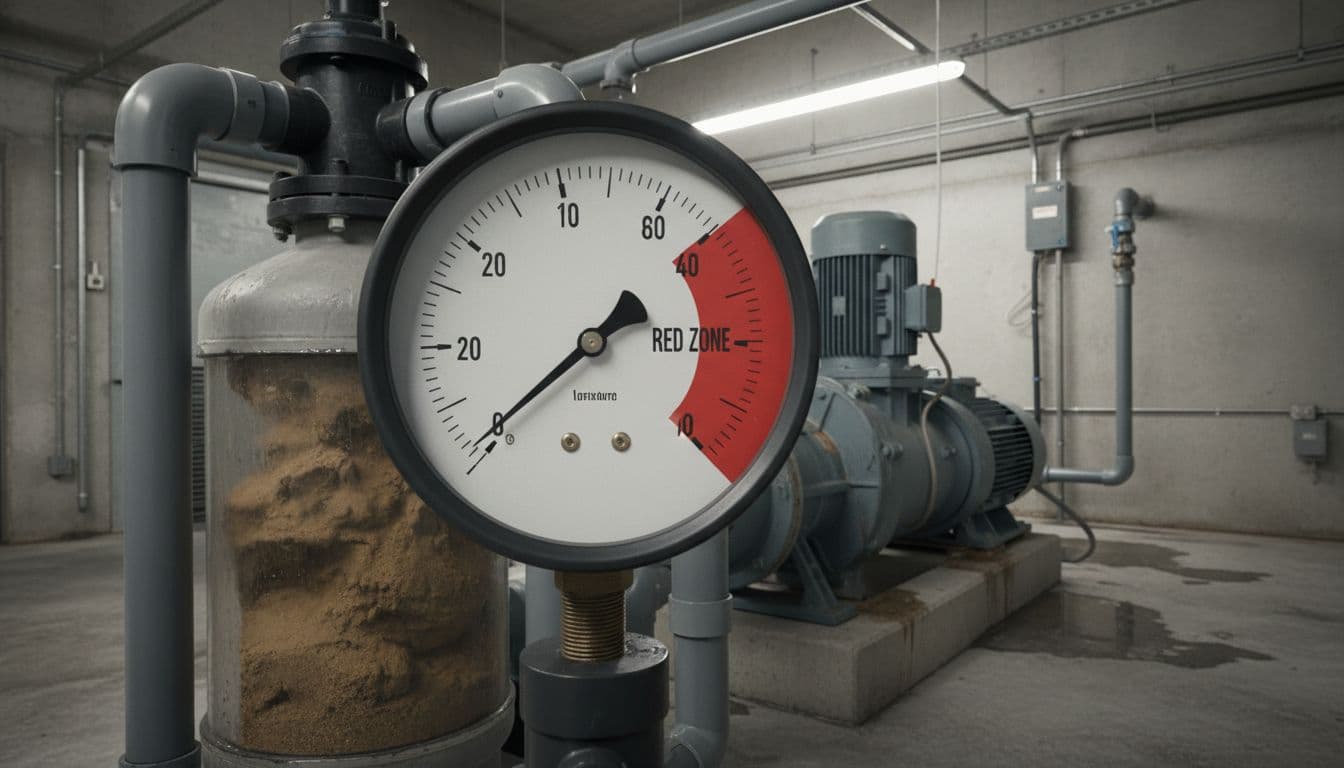 نظام فلتر مسبح مع عداد ضغط في المنطقة الحمراء يوضح انسداد الفلتر