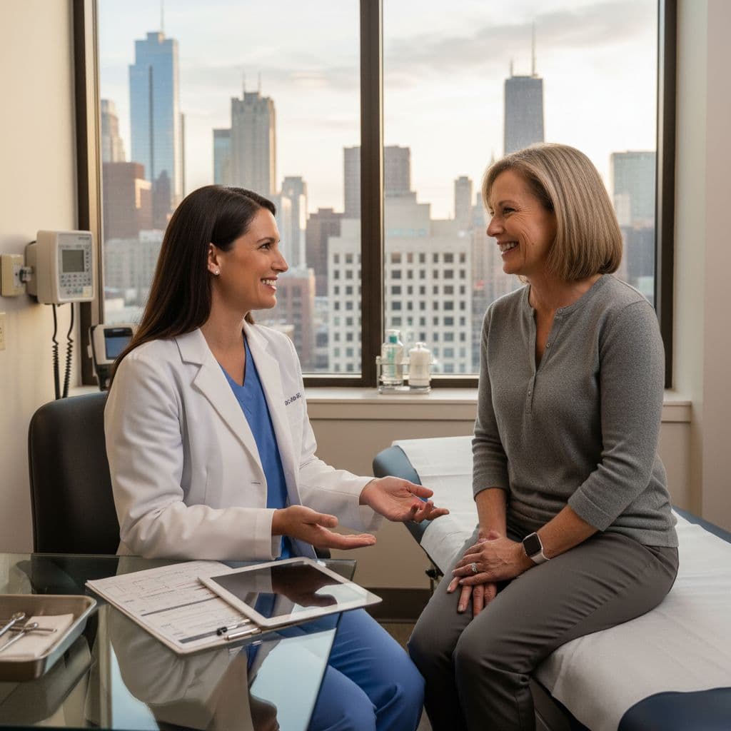 OB-GYN consulting with a midlife patient in a Chicago clinic
