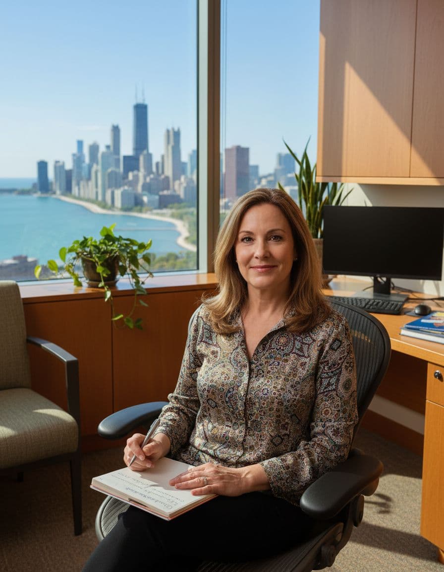 Middle-aged woman discussing hormone options with an OB-GYN in a Chicago clinic, looking calm and informed, with the city skyline in the background