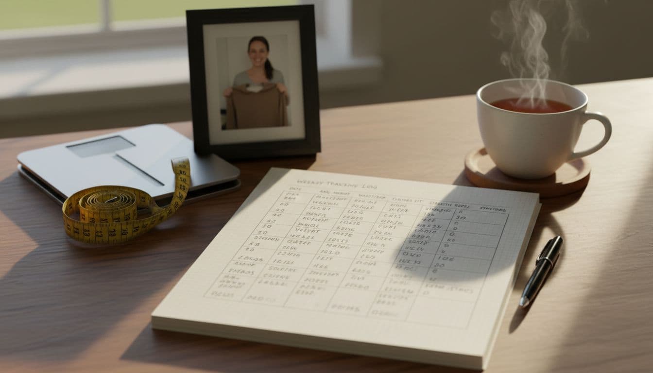 Cozy wooden desk with open spiral notebook displaying handwritten weekly tracking log for weight, measurements, strength, and symptoms, alongside digital scale, tape measure, progress photo, pen, and steaming tea mug. Realistic still life in warm afternoon light, high detail on textures and handwriting.