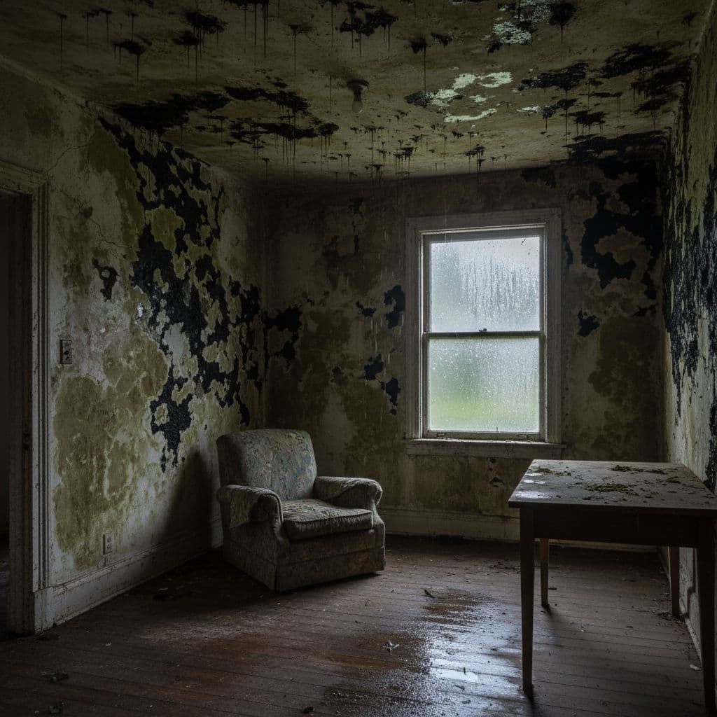 جدران مغطاة ببقع عفن ورطوبة واضحة