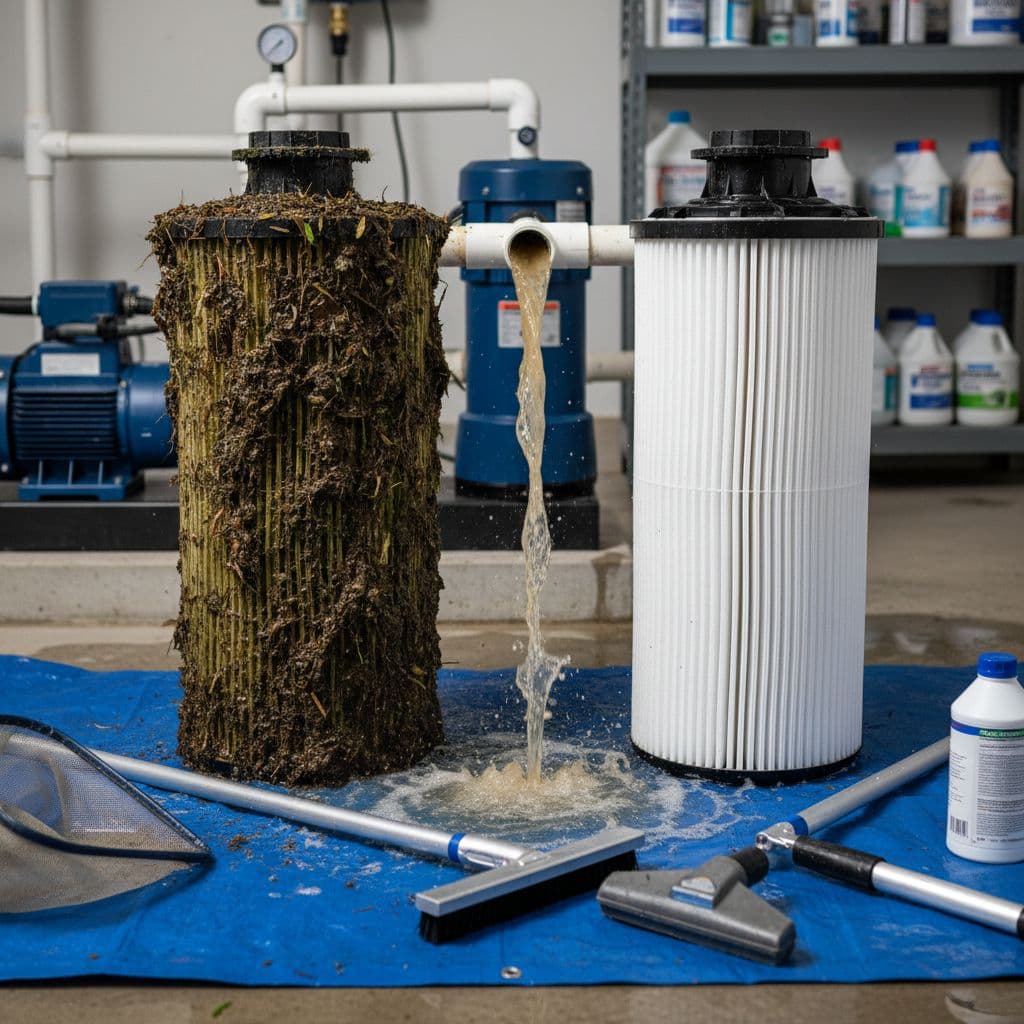 فلتر مسبح متسخ بجانب فلتر نظيف مع أدوات تنظيف