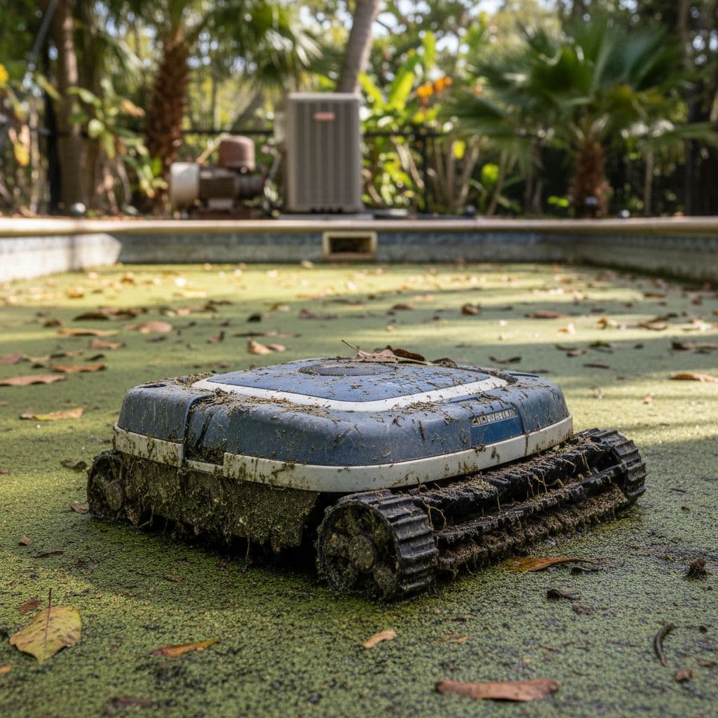 مكنسة روبوتية متسخة في قاع مسبح مع ماء راكد وأجزاء مطاطية متآكلة