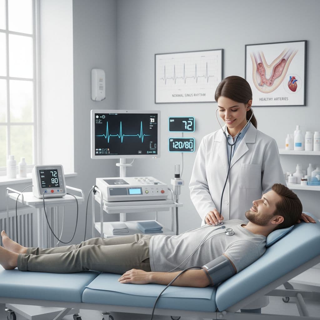 Doctor checking a patient’s heart, blood pressure, and EKG as part of testosterone therapy monitoring