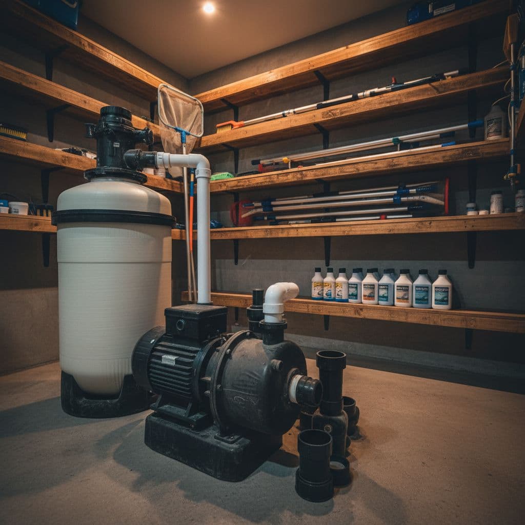 مضخة مسبح وفلتر مجففان ومخزنان في غرفة أدوات