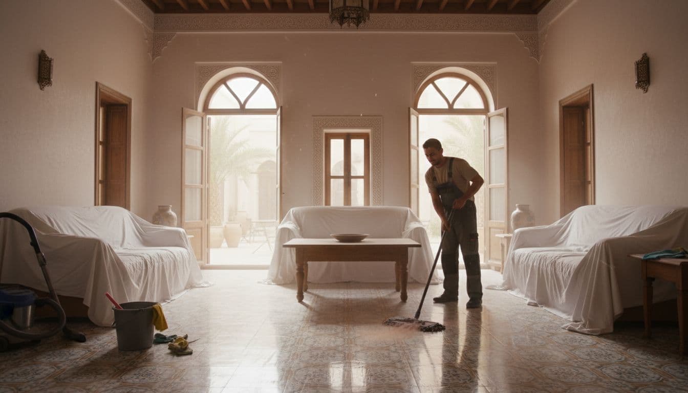 شخص ينظف أرضية منزل بممسحة رطبة بعد عاصفة غبارية