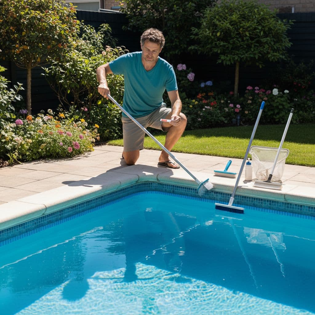 شخص يقوم بصيانة بسيطة لمسبح منزلي