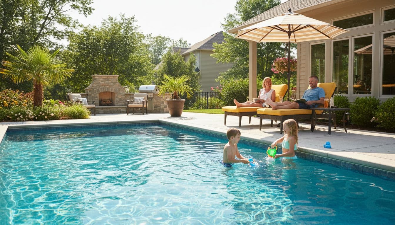 عائلة تستخدم المسبح بهدوء مع لعب لطيف قرب الحواف