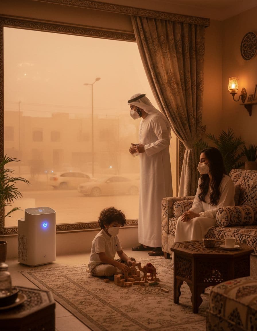 عائلة داخل غرفة مغلقة ترتدي كمامات أثناء عاصفة غبارية وتشغّل منقّي هواء