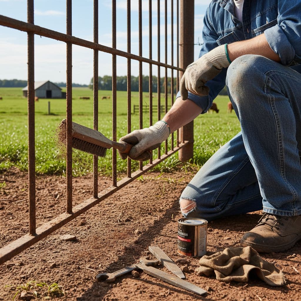 عامل يزيل الصدأ من سور معدني في مزرعة باستخدام فرشاة سلك