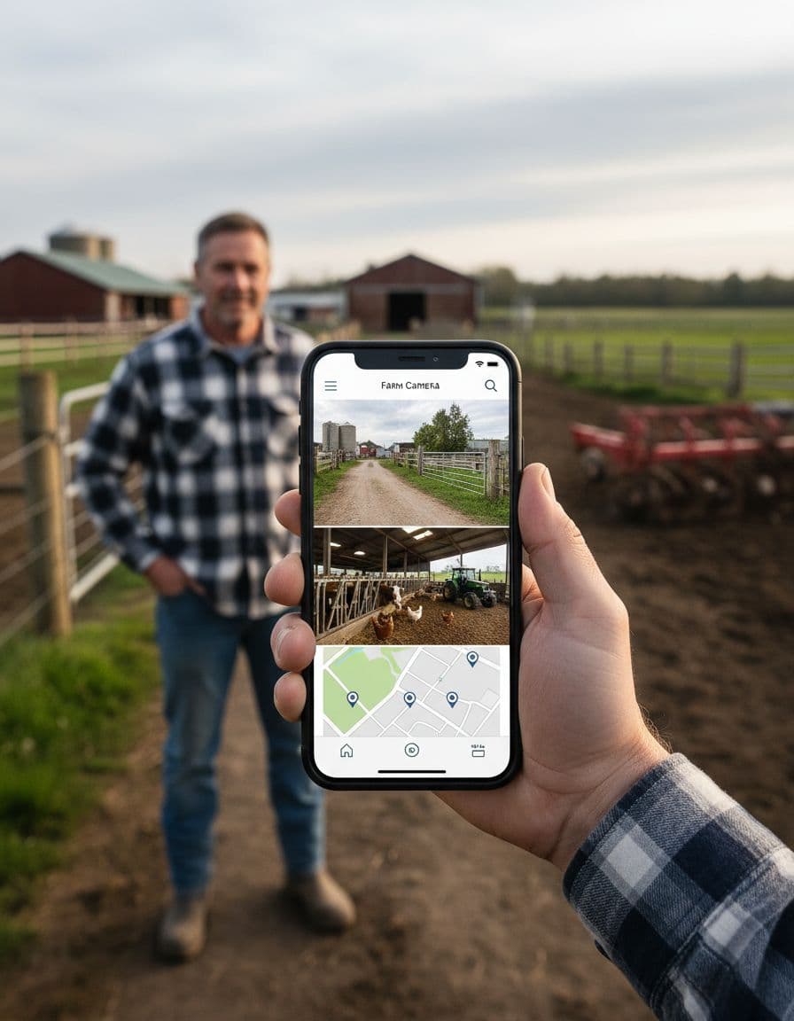 مزارع يتابع كاميرات المزرعة من تطبيق على الهاتف