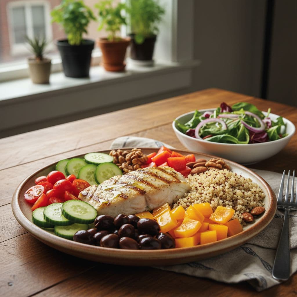Fresh Mediterranean-style meal with grilled fish, vegetables, and whole grains on a kitchen table.