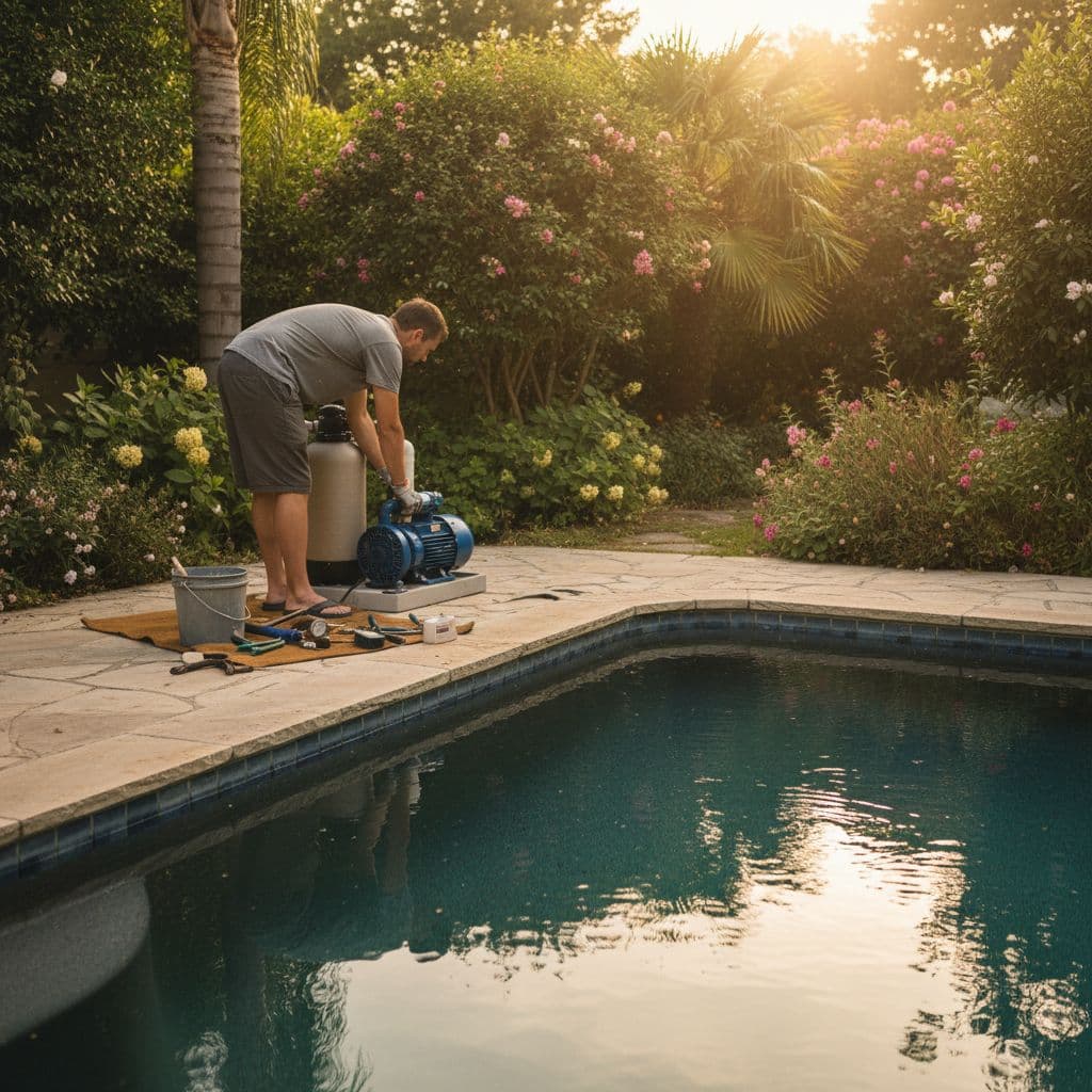 مالك منزل يفحص نظام مضخة وفلتر المسبح في حديقة