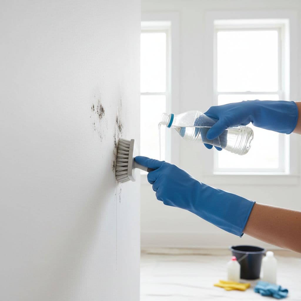 يد ترتدي قفازاً تنظف بقعة عفن بفرشاة وخل أبيض