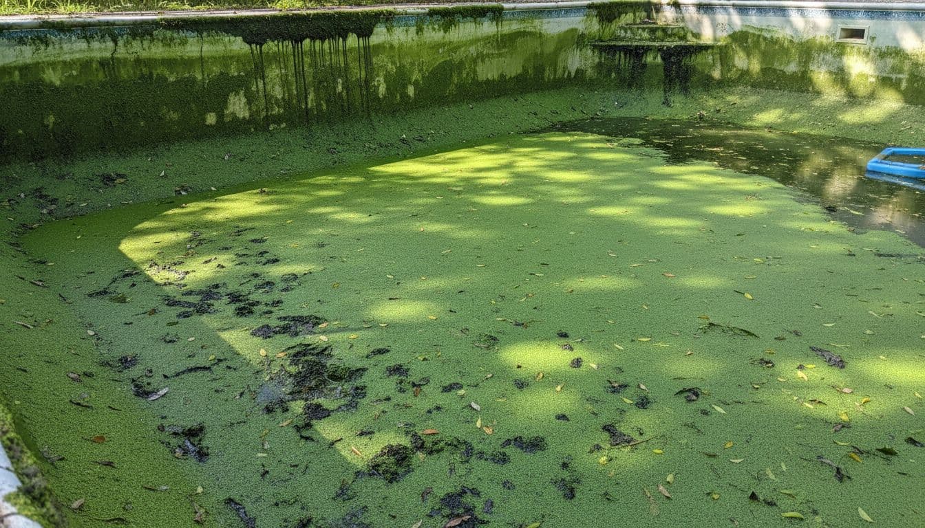 طحالب خضراء على جدران وأرضية مسبح