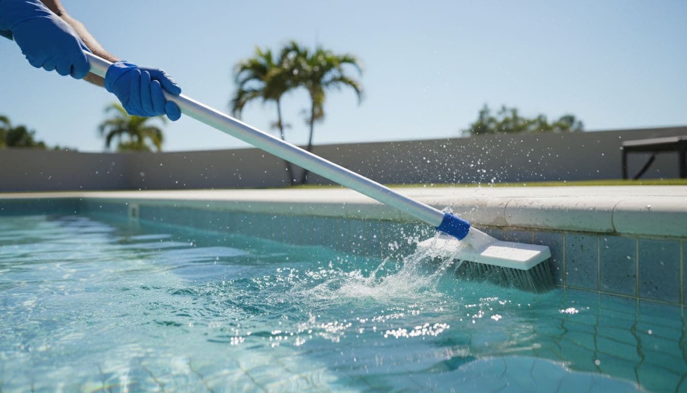 تنظيف جدار المسبح بفرشاة طويلة