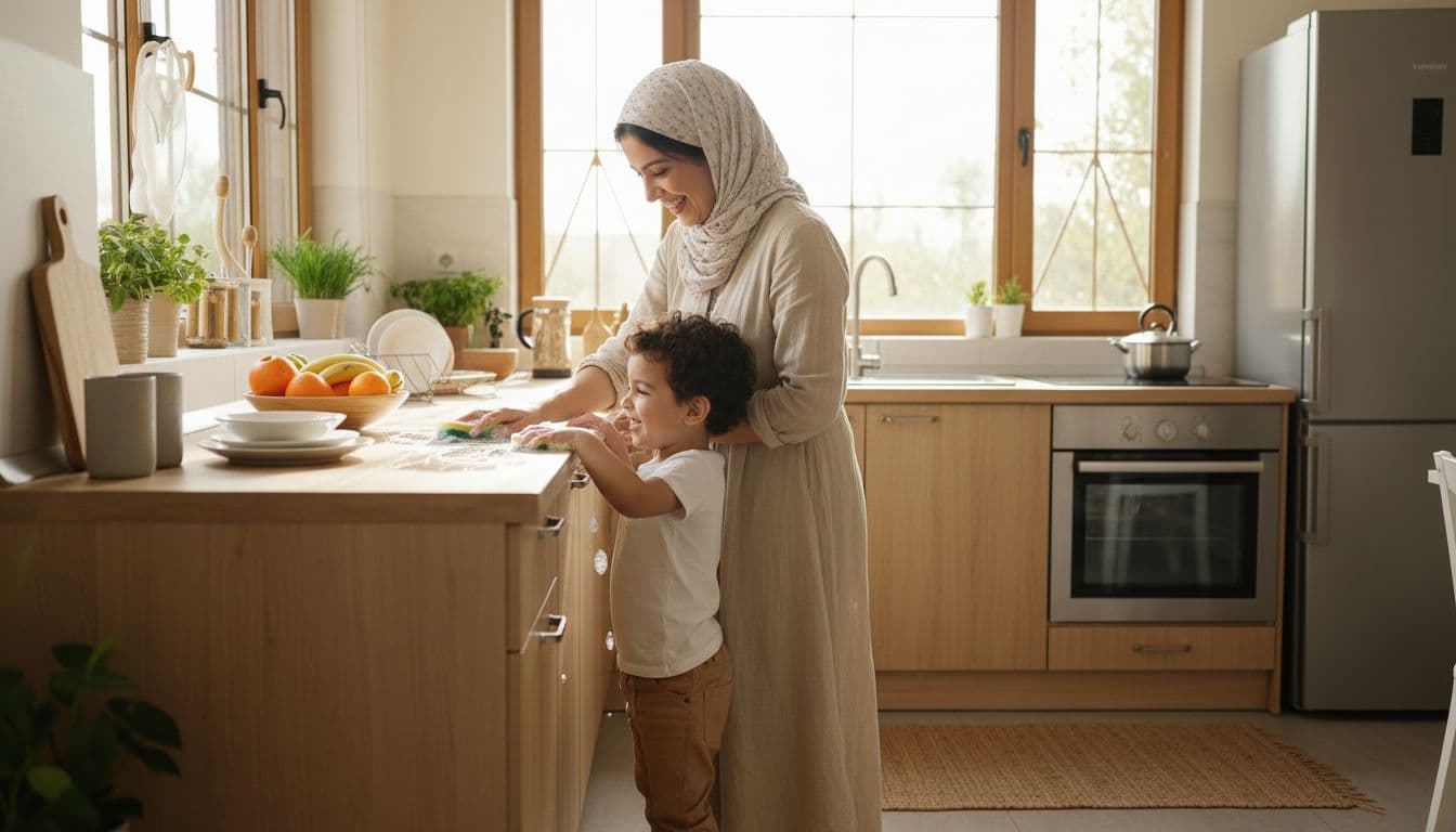 عائلة عربية تنظف مطبخًا منزليًا نظيفًا وآمنًا للأطفال