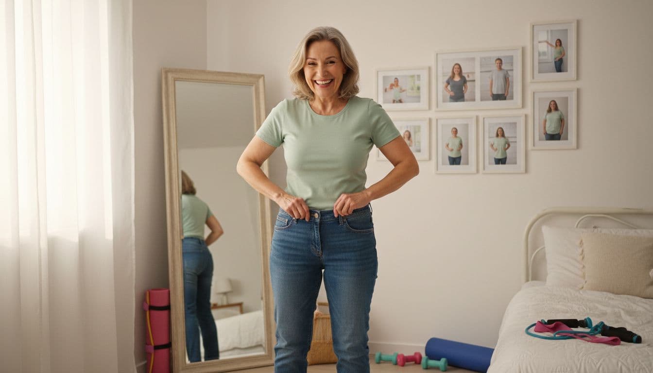 Joyful middle-aged woman easily zips up once-tight jeans in cozy bedroom mirror, celebrating body recomposition with progress photos on wall, realistic style and soft light.