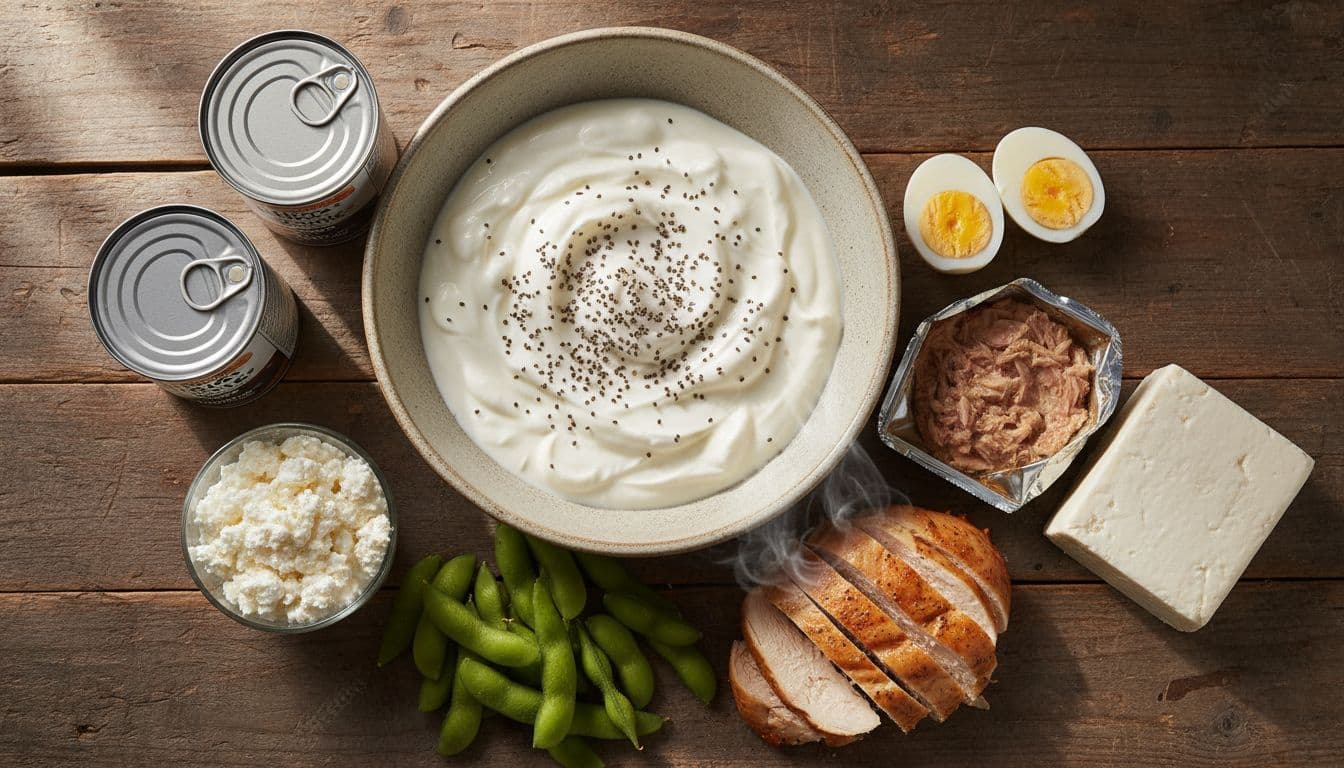 Close-up overhead view of a wooden table top filled with simple everyday high-protein foods for busy days, including Greek yogurt with chia seeds, sliced hard-boiled eggs, rotisserie chicken, tuna, tofu, cottage cheese, edamame, and beans. Appetizing realistic food photography with soft natural light, vibrant colors, and textured surfaces.