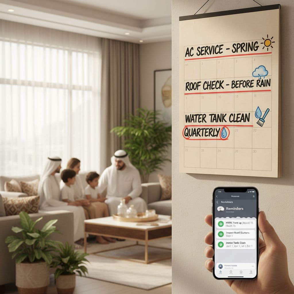 تقويم حائط يحتوي على مواعيد صيانة المنزل مع جوال يعرض تذكيرات
