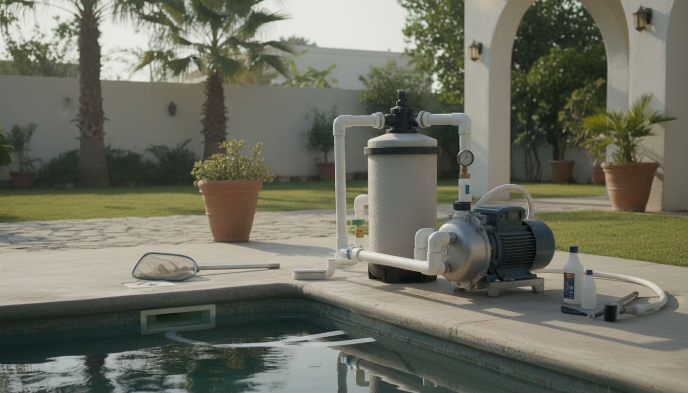 مضخة مسبح مع فلتر رملي بجانب مسبح منزلي ومنسوب ماء منخفض قليلًا في السكيمر