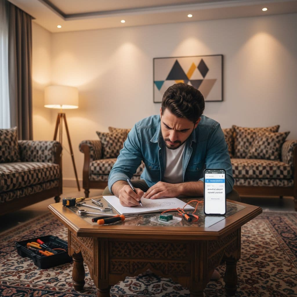 صاحب منزل يخطط للصيانة في غرفة معيشة عربية