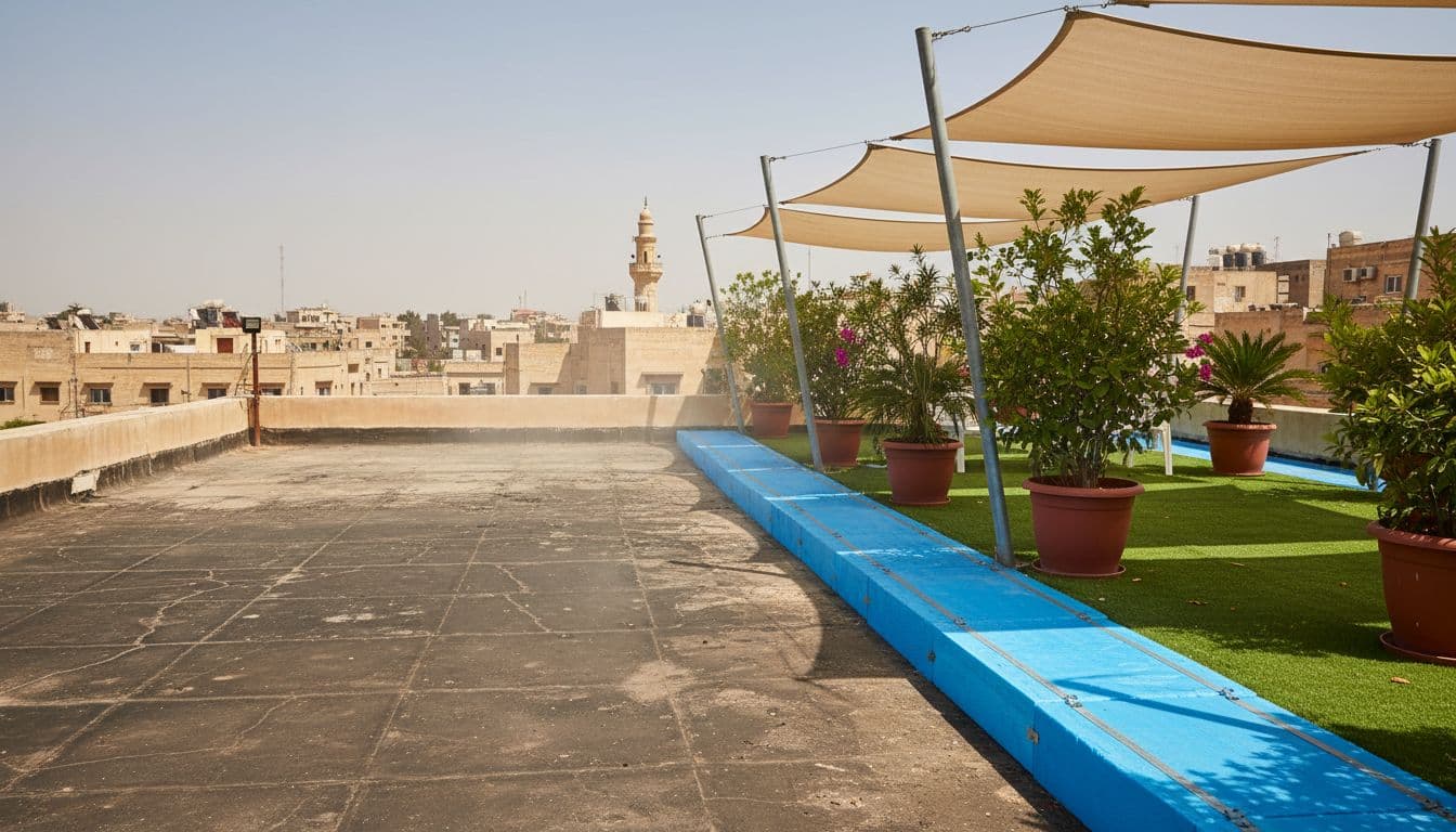 سطح مع طبقات فوم وعشب صناعي ومظلات