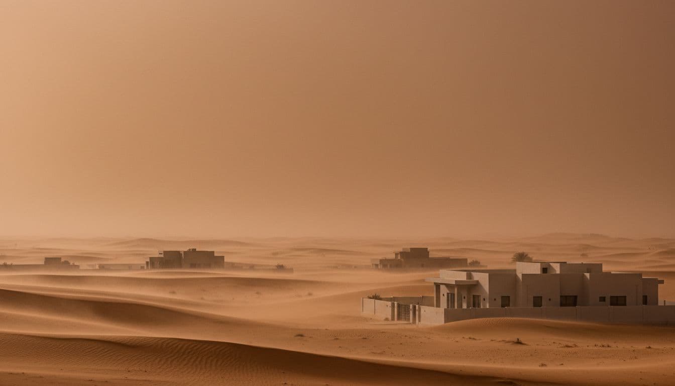 منزل حديث مغلق النوافذ أثناء عاصفة غبارية في منطقة صحراوية عربية