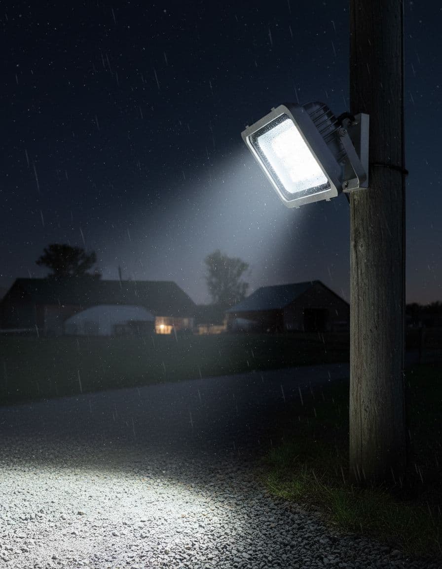 كشاف LED خارجي عالي القدرة مثبت على عمود في مزرعة، مضاد للماء والغبار