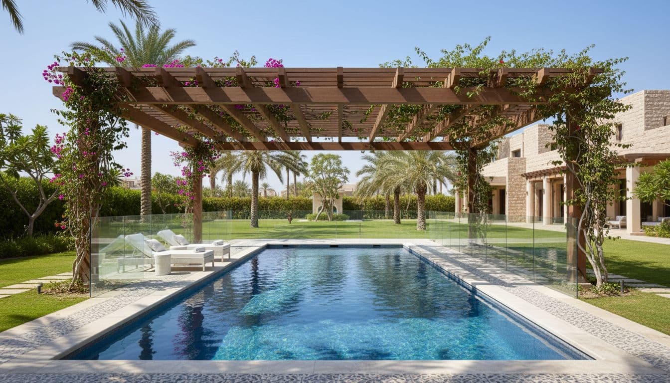 مسبح في حديقة فيلا خليجية مع سور زجاجي وبرجولة ونباتات تحميه من الشمس والرياح