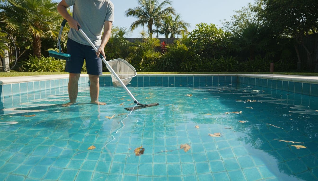 شخص ينظف مسبحًا منزليًا صغيرًا يدويًا باستخدام مكنسة وشبكة