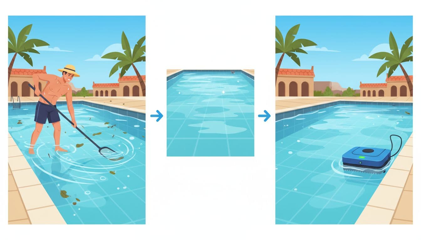 مقارنة بين شخص ينظف المسبح يدويًا وروبوت آلي يعمل في الجهة الأخرى