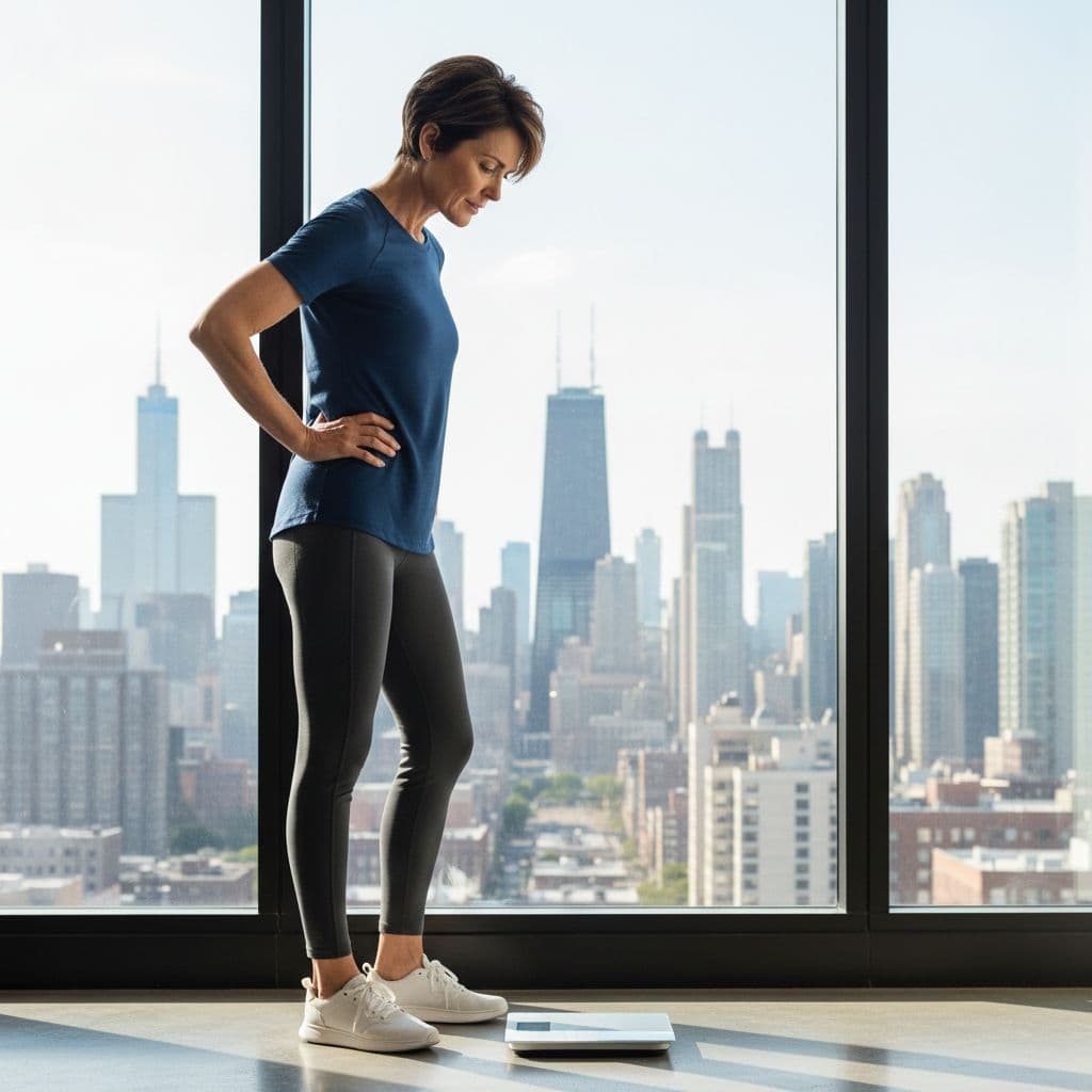Middle-aged woman in a Chicago apartment looking at a bathroom scale with a thoughtful expression.