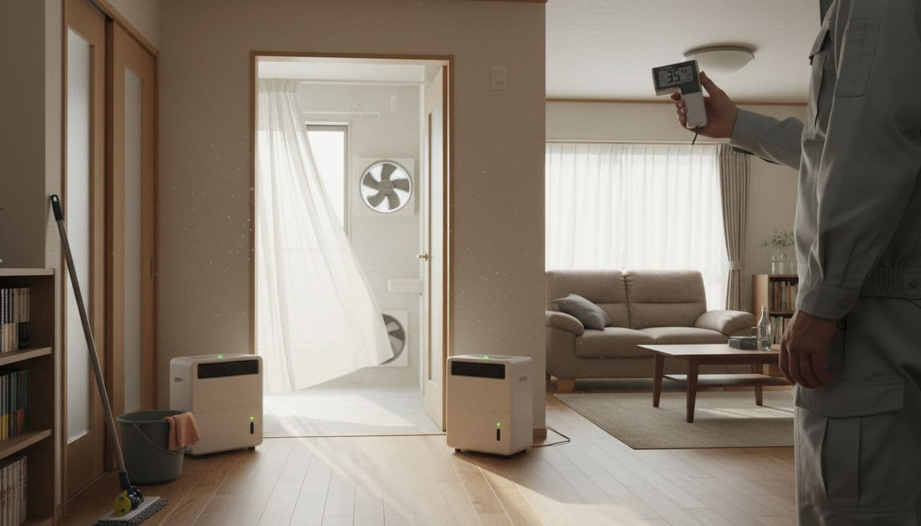 شخص يقيس الرطوبة بجهاز رقمي مع نوافذ مفتوحة ومراوح شفط