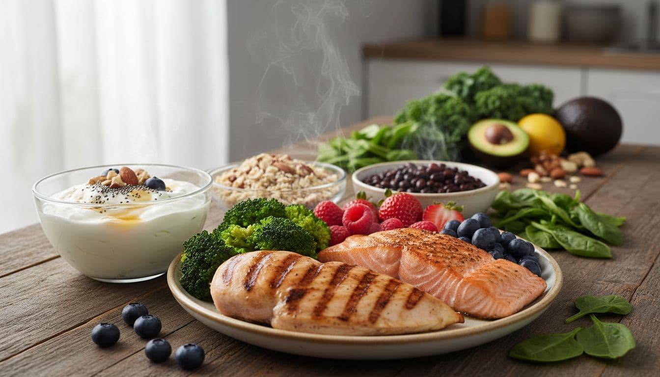 A vibrant, appetizing plate of a balanced menopause-friendly meal featuring grilled chicken breast, salmon, Greek yogurt bowl, colorful veggies like broccoli, spinach, and berries, beans, oats, and nuts, arranged on a wooden table in natural light.