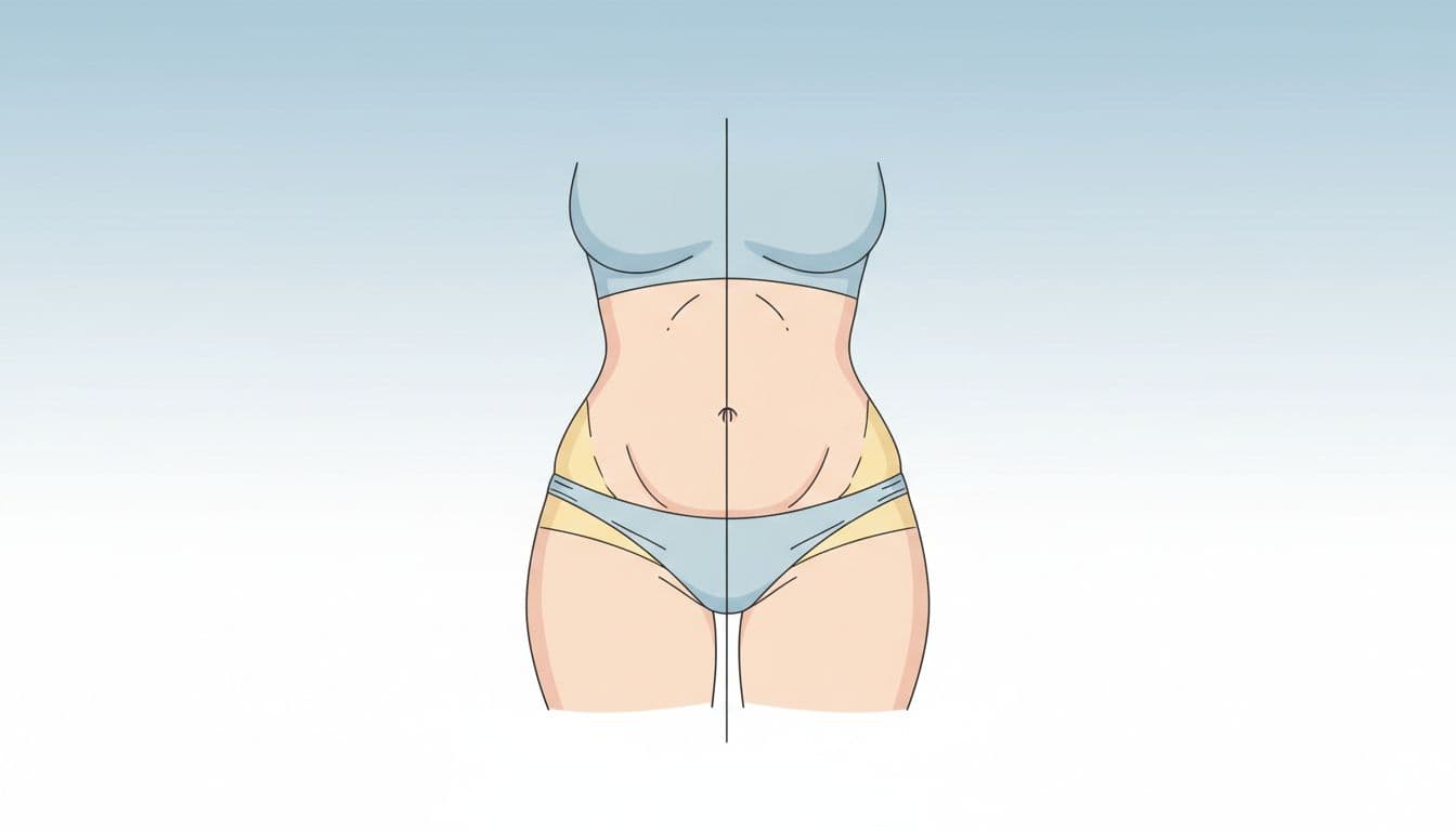 Illustration comparing belly fat distribution before and after HRT, showing more central fat on the left and less on the right.