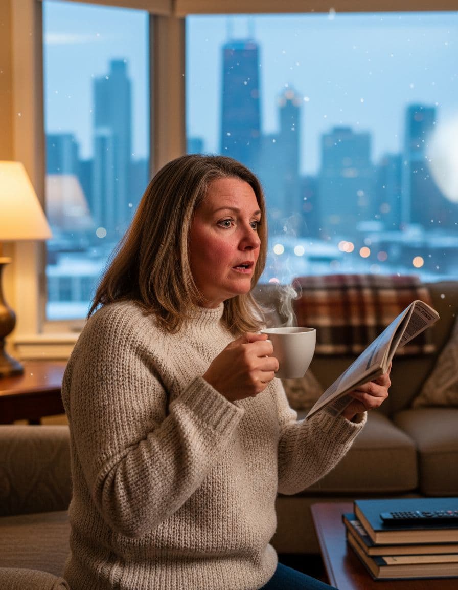 Middle-aged woman experiencing a hot flash in a cozy Chicago apartment in winter, fanning herself while looking flushed and overheated.