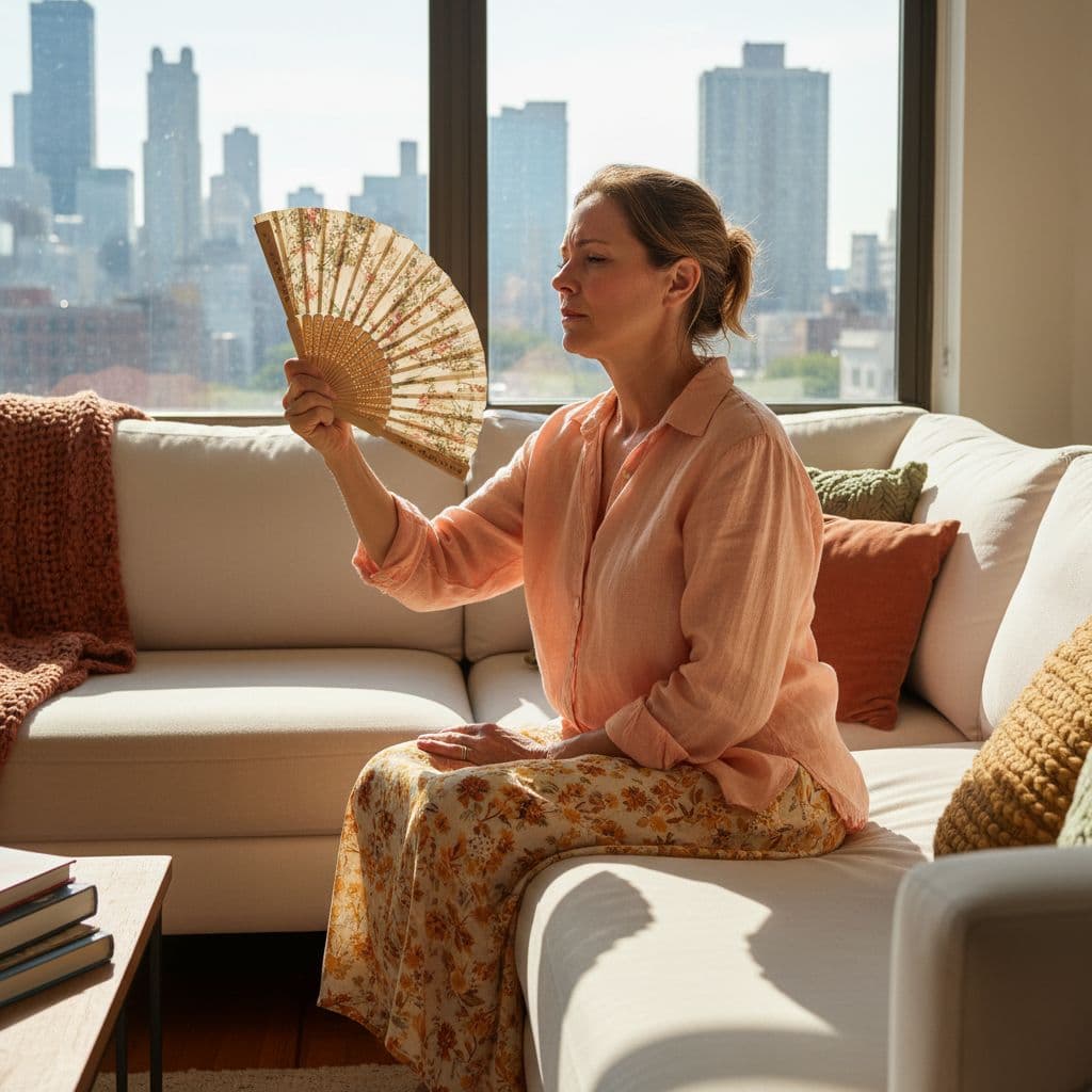 Woman in Chicago apartment experiencing a hot flash