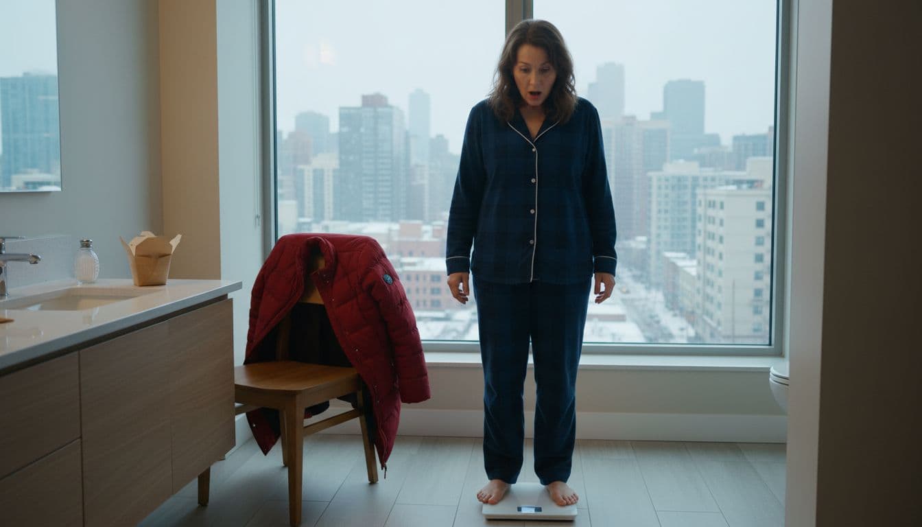 Realistic photo of a middle-aged woman in her Chicago apartment on a cold January morning, standing barefoot on a bathroom scale with a surprised expression at a sudden weight jump, showing subtle facial and ankle puffiness from a recent salty meal.