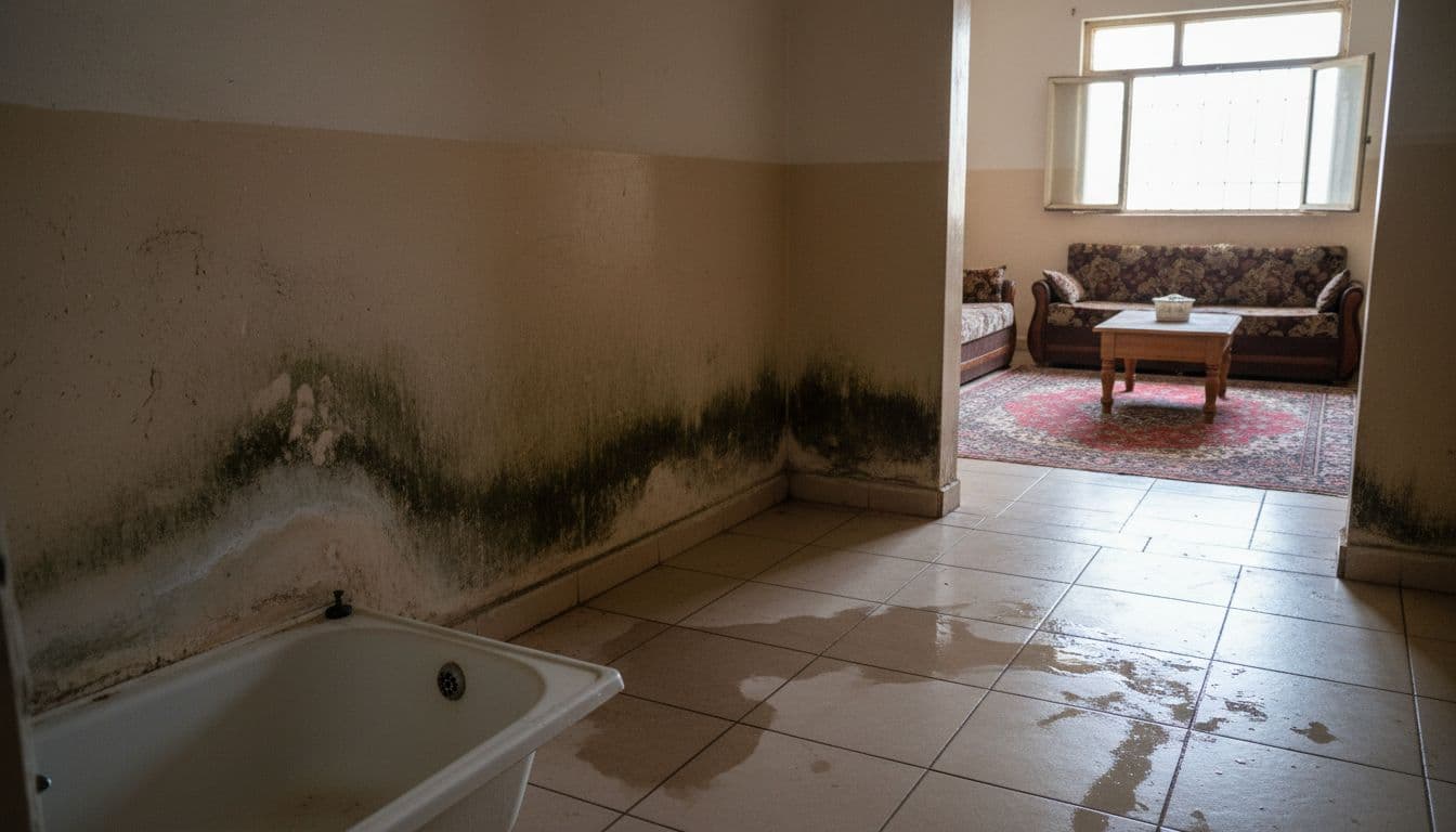 تسرب مياه في حمام منزلي مع بقع رطوبة على الجدار وأرضية مبللة