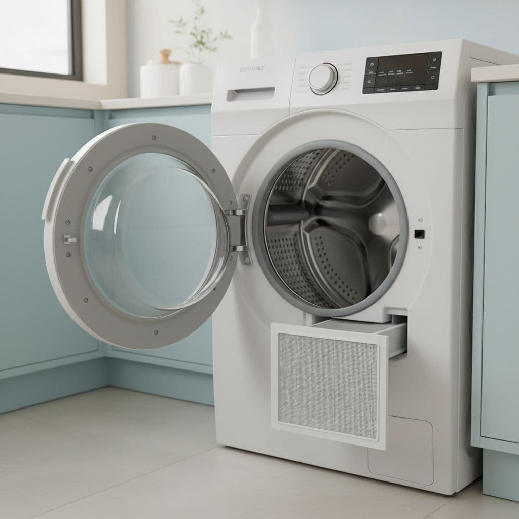 غسالة ملابس حديثة نظيفة مع باب نصف مفتوح