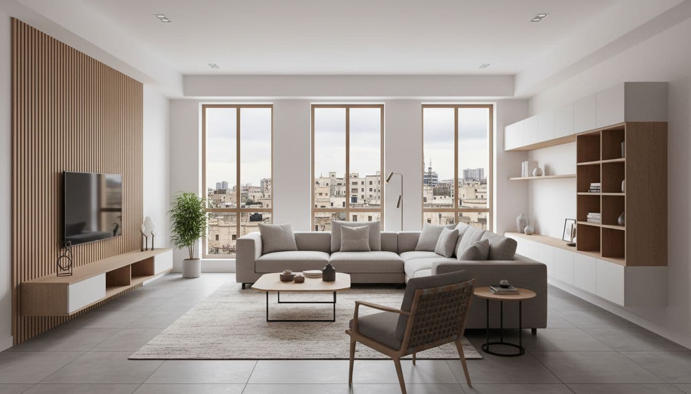 غرفة معيشة حديثة في شقة سورية متوسطة الحجم بتصميم مودرن بسيط
