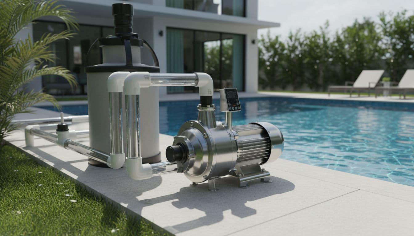 مضخة مسبح متغيّرة السرعة بجانب مسبح منزلي